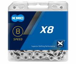 Ланцюг KMC X8 116 зв.(6,7,8 шв) з замком, хром, Silver/Silver.